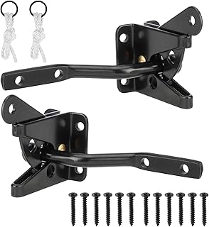 2 Pcs Self Locking Heavy Duty Gate Latch Automatic Gravity Lever for Wooden Fence with Longer Fasteners, Door Latches with Pull String, Steel, Black