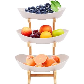 Fruit Stand with 3 Levels Fruit Basket Stand for the Family Fruit Bowl Modern with Natural Bamboo Stand for Vegetables Fruit Snacks Toys Beige