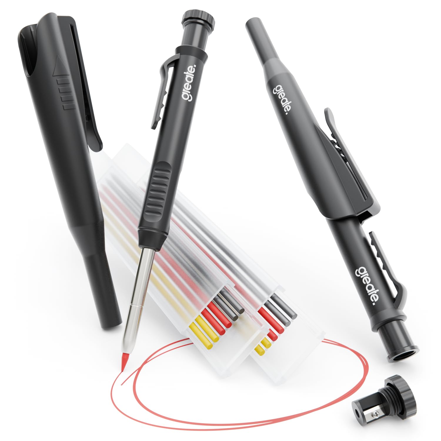 greate 2x Tieflochmarker Bleistift inkl. 14 Mienen & Spitzer - Handwerker Bleistift Baustelle für Holz, Metall, Kunststoff, Fliesen - Tiefenlochmarker, Markierstift, Baustellen Stift, Baubleistift