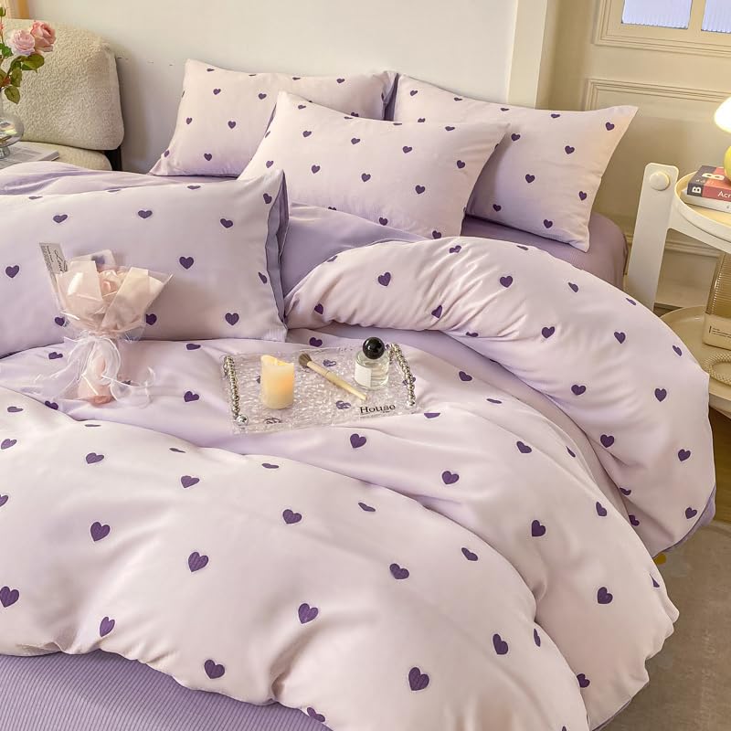 Freyamy Housse de Couette 140x200 Amour Violet Parure de lit Adulte Enfants avec Fermeture Éclair Sets de Housse Couette Filles Thème Romantique en Microfibre avec Une...