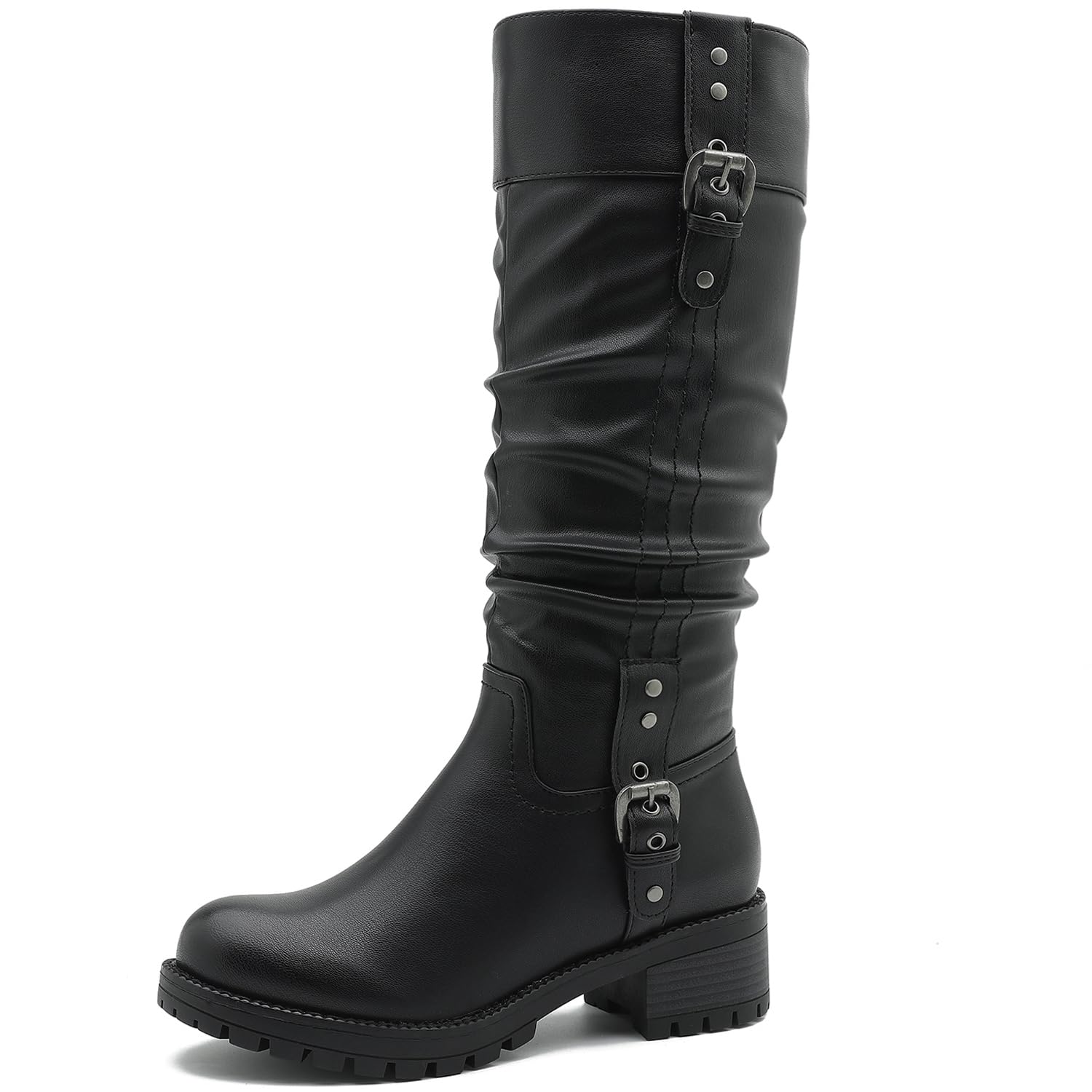 GLOBALWIN Women's Black Knee-High Boots: Fashion Dressy Riding Boots - Chunky Low Heel, Slouchy Design, Buckle Detail, All-Season, Comfortable 2-Inch