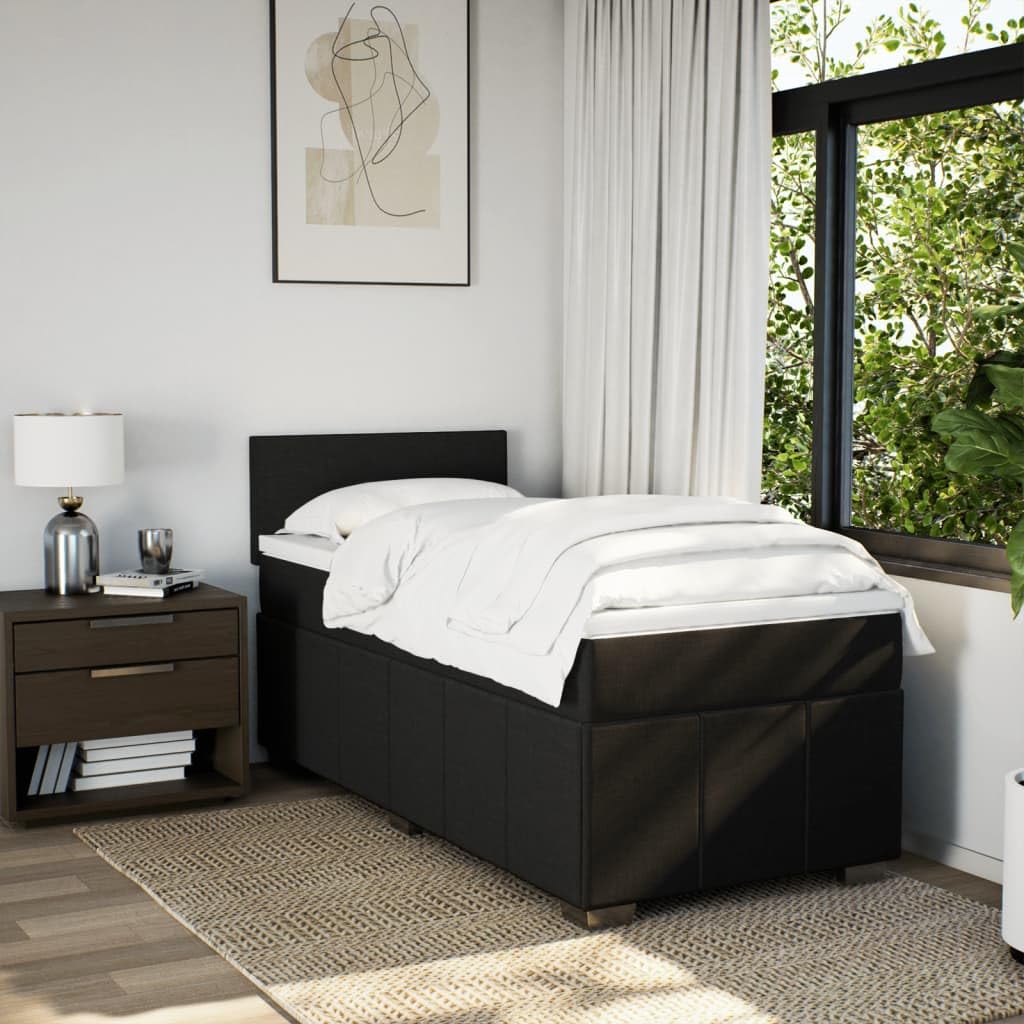 Cama con somier con colchón de 90 x 190 cm en tejido negro, cabecero regulable en altura, colchón de muelles ensacados para un agarre óptimo, listones transpirables y cómodo cojín