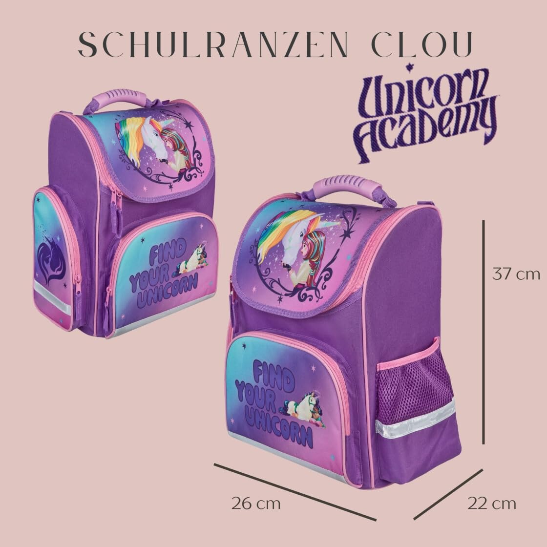 Undercover Juego de mochila escolar de 1ª clase, contenido personalizado con nombre, mochila escolar para niños y niñas, escuela primaria, unicornio de la Academia Unicorn