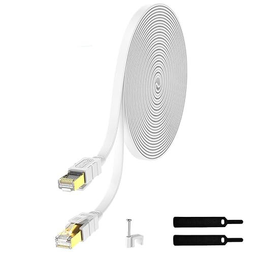 Lovicool Cable Ethernet Cat 8 de 30 pies, cable de conexión LAN de Internet plano blindado blanco de alta velocidad, 26 AWG 40 Gbps 2000 Mhz SFTP
