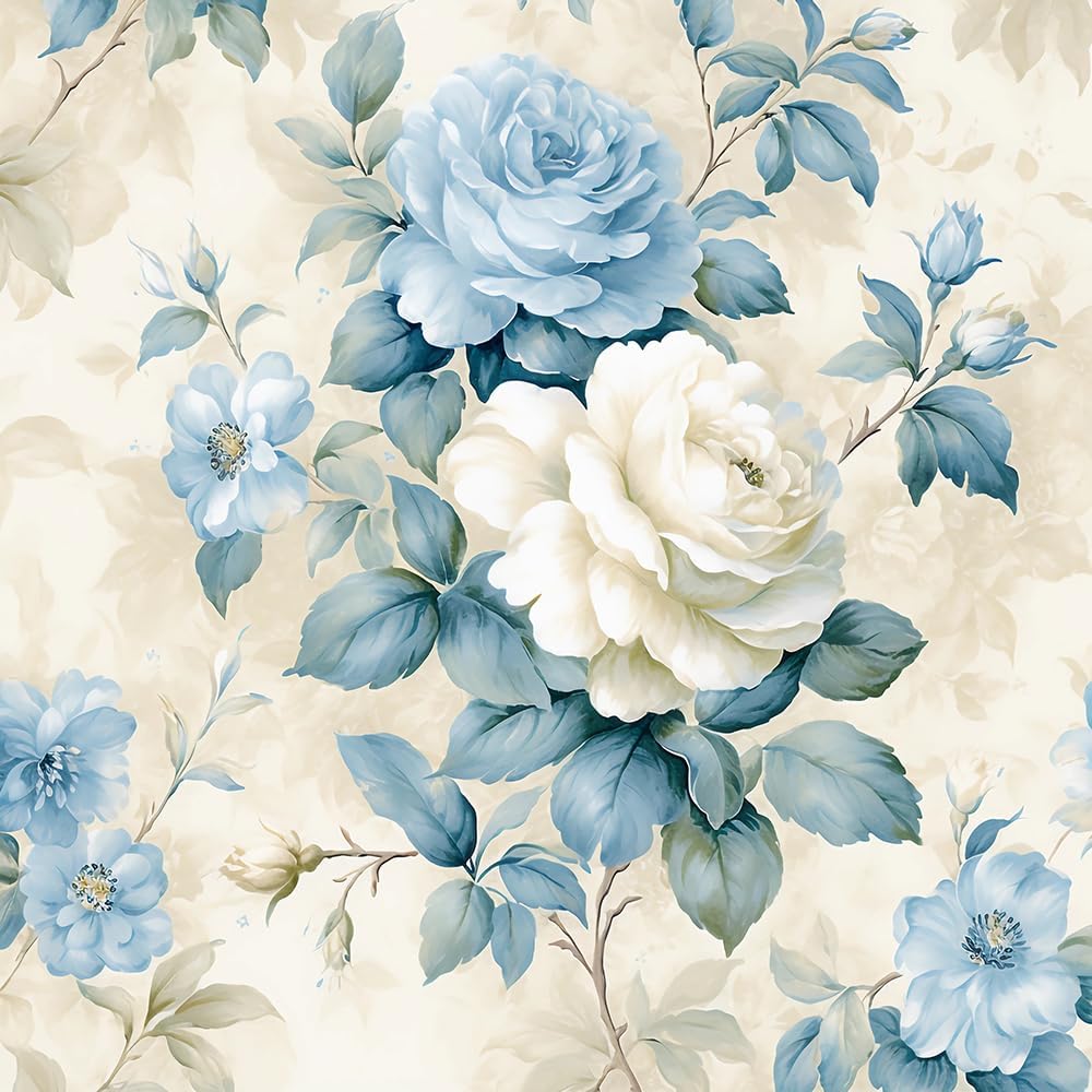 REDAMANCY 17.7"x236" Aesthetic Blue Beige Peony Flower Classical Peel and Stick Wallpaper Modern Cute Wall Paper Stick on Contact Paper Easy Peel Off for Bedroom nightstand Drawer Renter Friendly