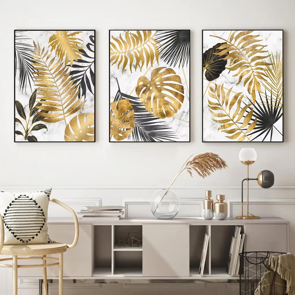 awtrhfc Frameless Abstract Golden Tropical Monstera Poster Still Life Pictures Canvas Painting for Living Room Home Wall Decor(70x100cm(28x39in) x3/No frame)
