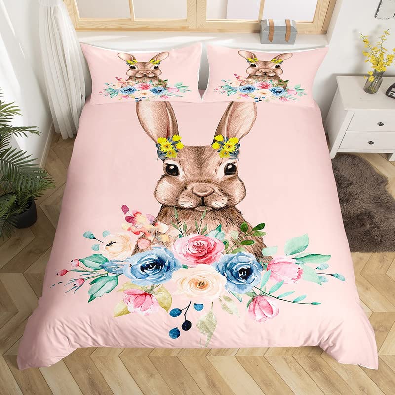 Cute Lapin Housse de Couette Floral Parure de Lit 200x200cm Enfants Garçons Filles Décor Vintage Fleurs Sets de Housse de Couette Ferme Animaux Brun Bleu Rose Parure Housse de Couette 3 pièces