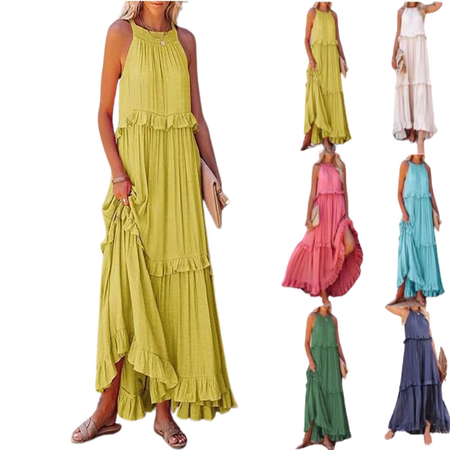 KEKEE Vestido de Verano Casual con Volantes, Vestidos Largos de Verano para Mujer 2024, Vestidos Largos Halter para Mujer