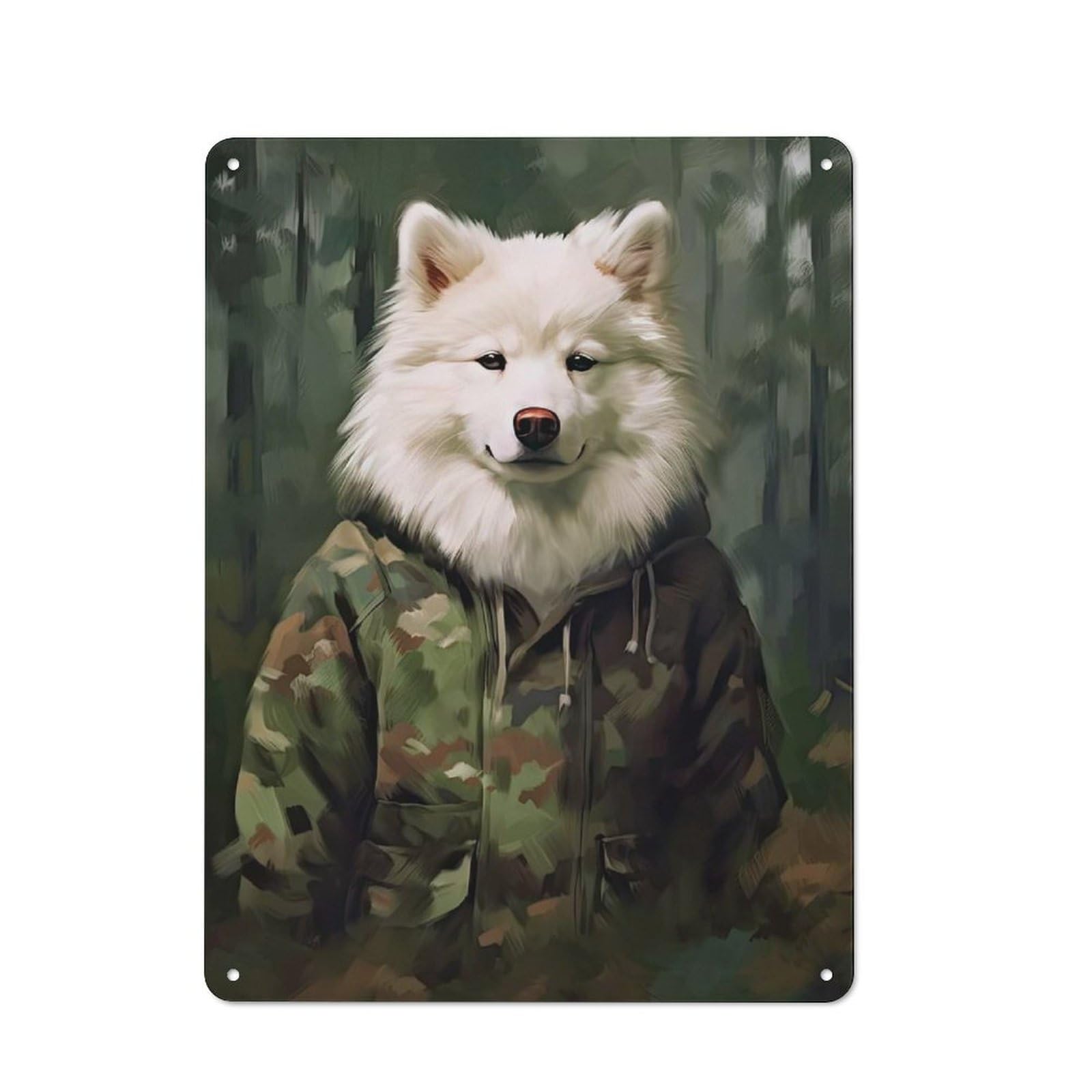 Junmoney Style-5 Understated Decorative Metal Sign 40X30cm Featuring Samoyed Camo Jacket, Study Room Decor For Workspace, Cafe, Shop Or Desk Area