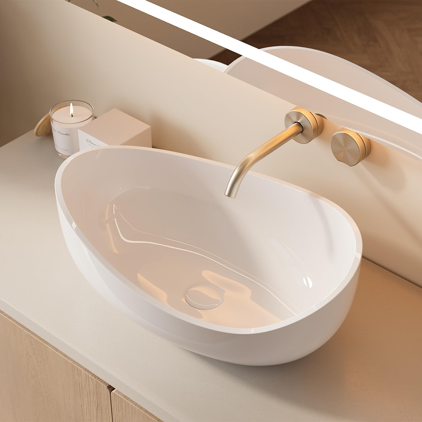 Oval Vessel Sink Stone Resin Bathroom Sink Modern Art Sink Matte White with Pop Up Drain (Glossy White)