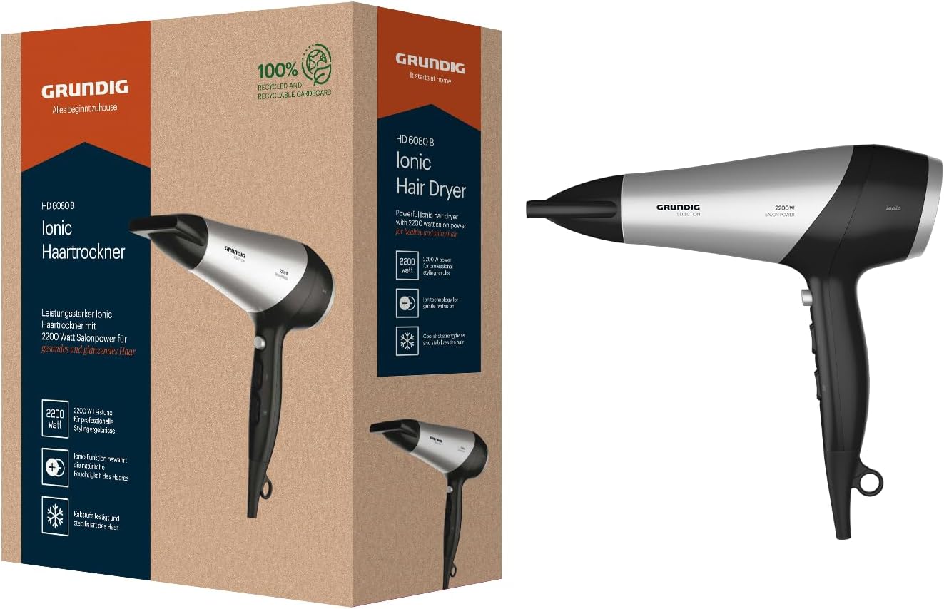 Grundig HD 6080 B Föhn, 2200 W, föhn, ionische functie, 3 temperatuur- en 2 luchtstroomniveaus, koude stand, keramische coating, 1,8 m kabel, 2023, zwart/zilver