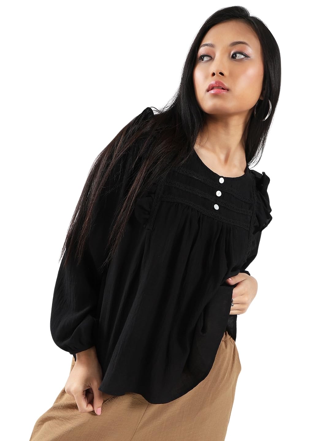 sera Cotton Nylon Ruffled Button-Front Top-picture-37