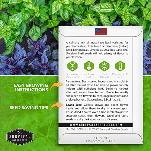 Basil Seeds Mix for Planting - Culinary Genovese Italian, Lemon, Lime, Opal & Thai Basil Seed Blend - Heirloom Non-GMO Kitchen Garden Herbs - Survival Garden Seeds (1 Pack) - Image 2