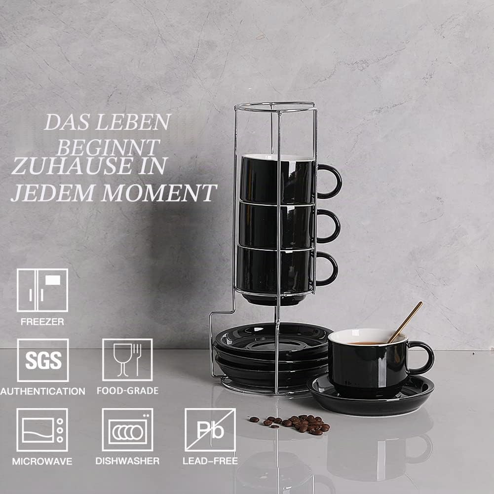 Sweejar Home Porzellan Espressotassen mit Untertassen, 230 ml stapelbare Cappuccinotassen mit Metallständer für Kaffeegetränke, Latte, Tee - 4er Set (Schwarz)