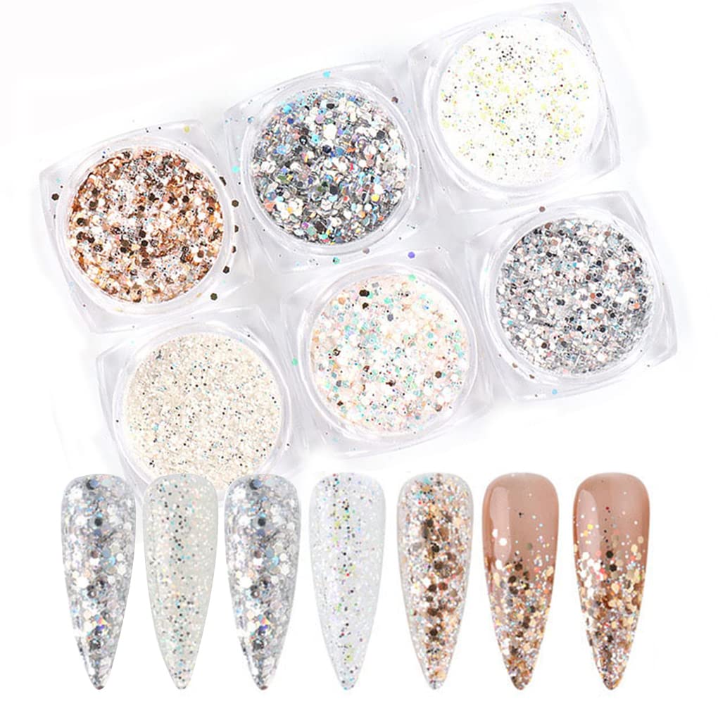 6 Boxes Holographic Nail Art Sequins Glitter Chrome Nail Powder Kits 3D Champagne Gold Silver Metallic Shining Flakes Acrylic Dust Sequins for Nails Decoration Manicure Tips