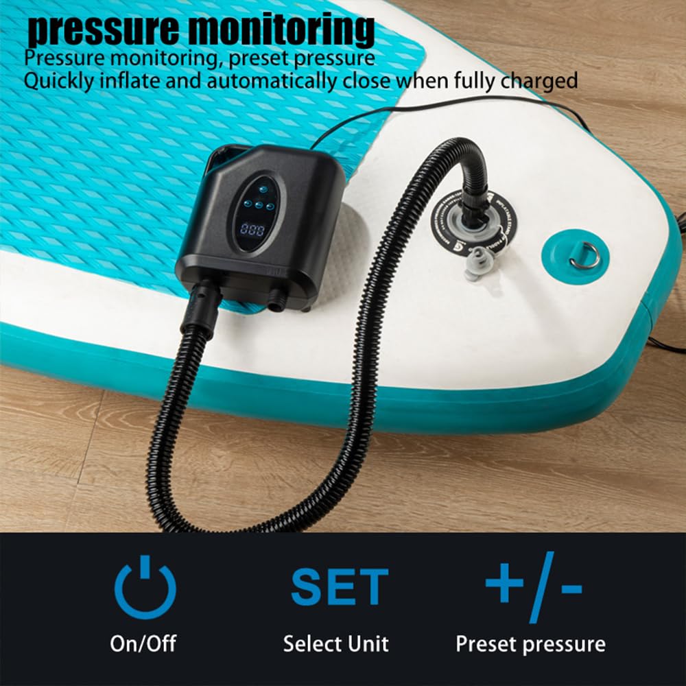 Pompe à air électrique SUP 20 PSI sans fil - Rechargeable - 12 000 mAh - Gonflage et dégonflage en deux étapes - Arrêt automatique - SOS - Lampe de poche pour planches de paddle, kite, kayak, tente,