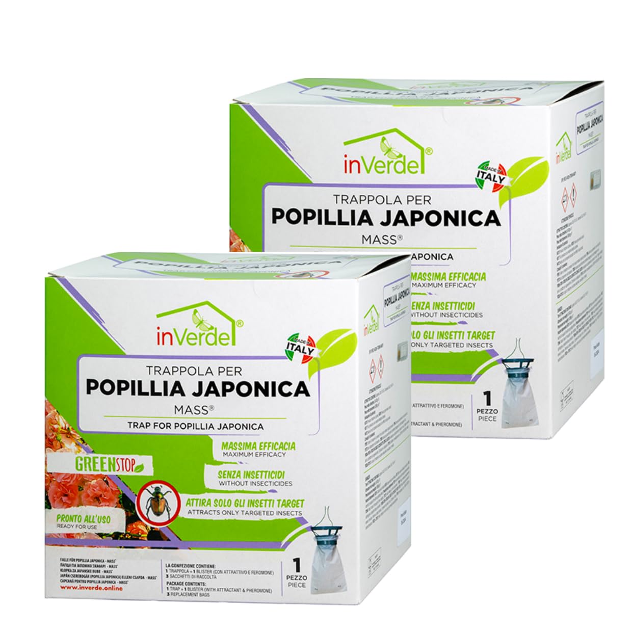 Sandokan, 2 Trappole Popillia Japonica a Feromoni,Alternativa Naturale Insetticida per Popillia,Cattura Insetti con Attrattivo Floreale e 3 Sacchetti Compostabili, Made In Italy
