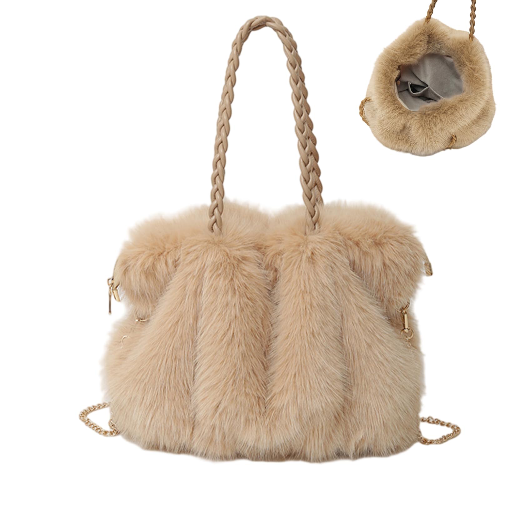 Tsawntd Unisex Khaki Furry Purse, Large Capacity Winter Fluffy Tote Bag Fuzzy Plush Handbags Faux Furs Fluffy Shoulder Crossbody Bag, 13X11.4x6.3 Inch, Hobos Shoulder Bags