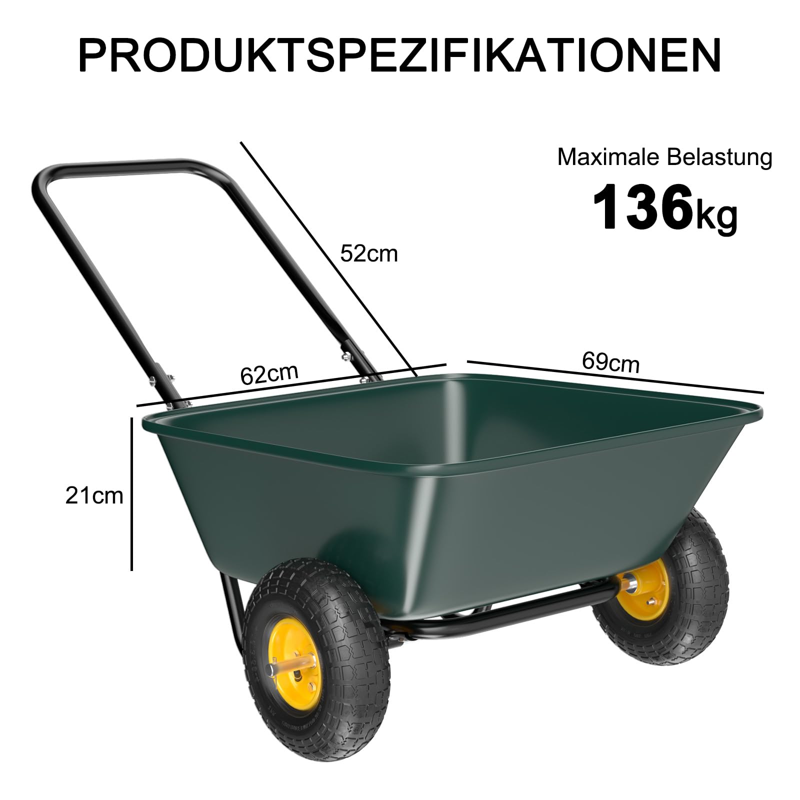 Schubkarre 2 räder - Luftreifen mit Metall Felge, bis 136kg - Stabile Ausführung mit Kunstoffwanne, Grün