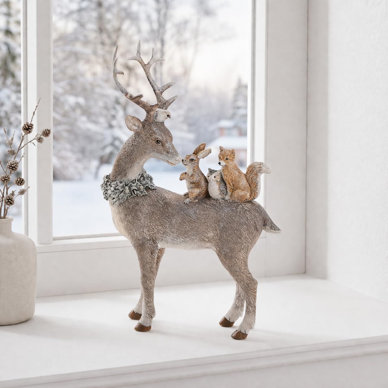 Statuetta decorativa a forma di cervo con animali della foresta e glitter, decorazione natalizia, per l'Avvento e l'inverno