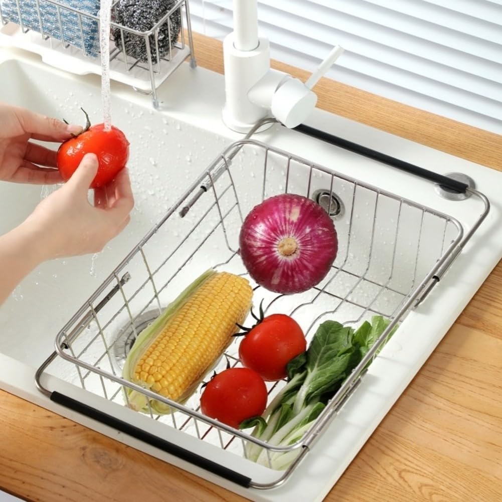 Cesta telescópica de acero inoxidable para fregadero con drenaje de malla y ranuras organizadoras para un secado eficiente (D)