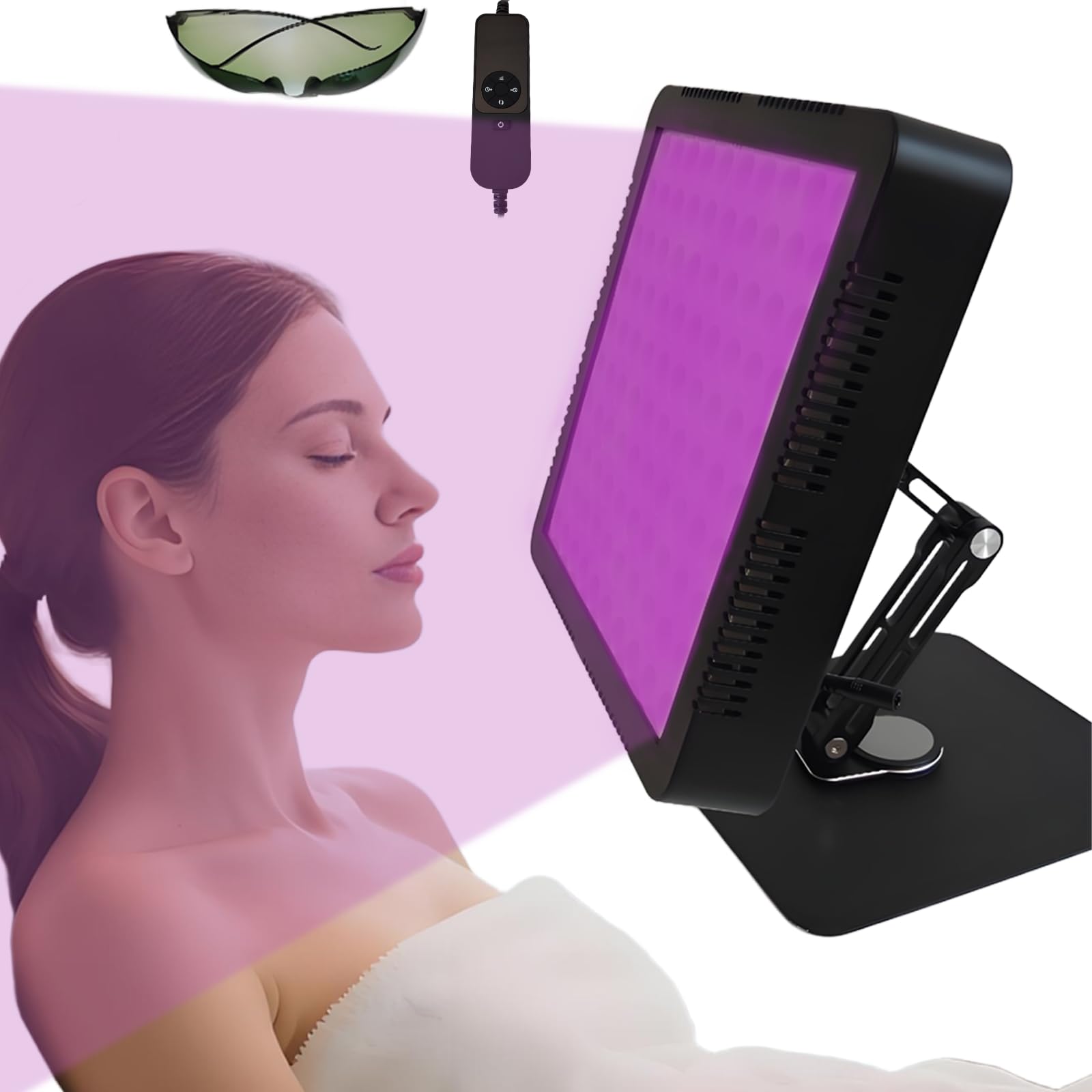 Bräunungslampe 395nm Wellenlänge mit 100LED Lila Sonnenlampe, Gesichtssolarium für Zuhause & Ganzkörpergebrauch, mit Timer, einstellbarer Helligkeit, Ständer und Selbstbräunungsbrille