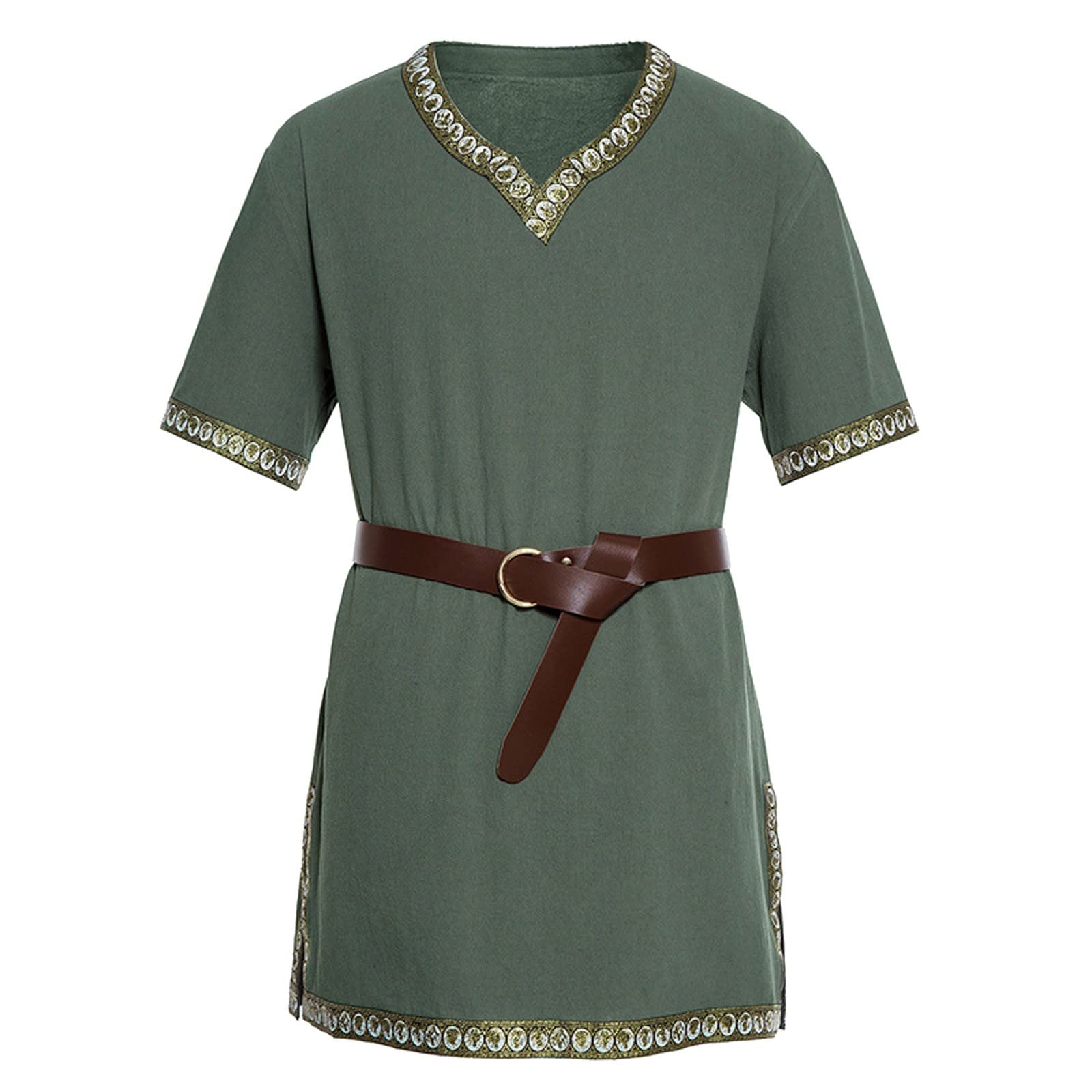 Duohropke Viking Shirt Men's Linen 6XL Medieval Shirt Short Sleeve Viking Tunic 4XL Long Medieval Tunic Short Sleeve Summer Tunic Medieval Costume, 01 Green, M — image 1