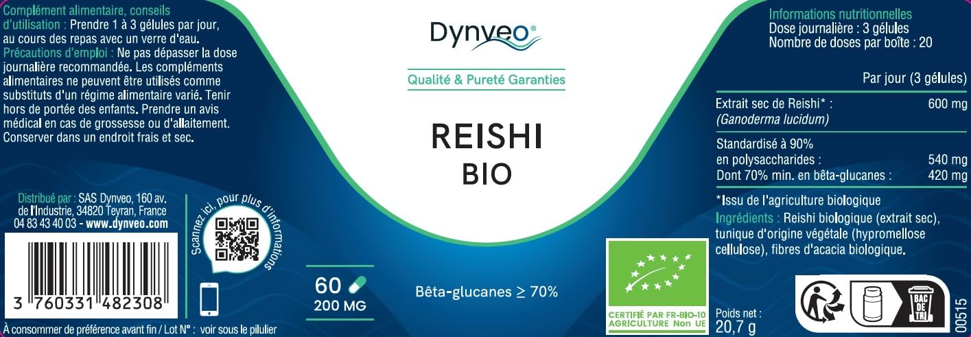 Extrait sec de Reishi Bio concentré - 70% Bêta-glucanes & 90% Polysaccharides - 200mg - 60 gélules - Système Immunitaire, Bien Être - Sans OGM - Qualité Immulink MBG®, Fabriqué en France, DYNVEO