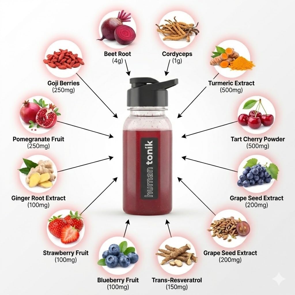 Red Tonik Superfood Powder with Beet Root, Mushroom, Turmeric | Daily Supplement with 13 Superfoods, Vitamins and Minerals | Boost Energy, Stamina, Post-Workout Recovery | Berry Flavor