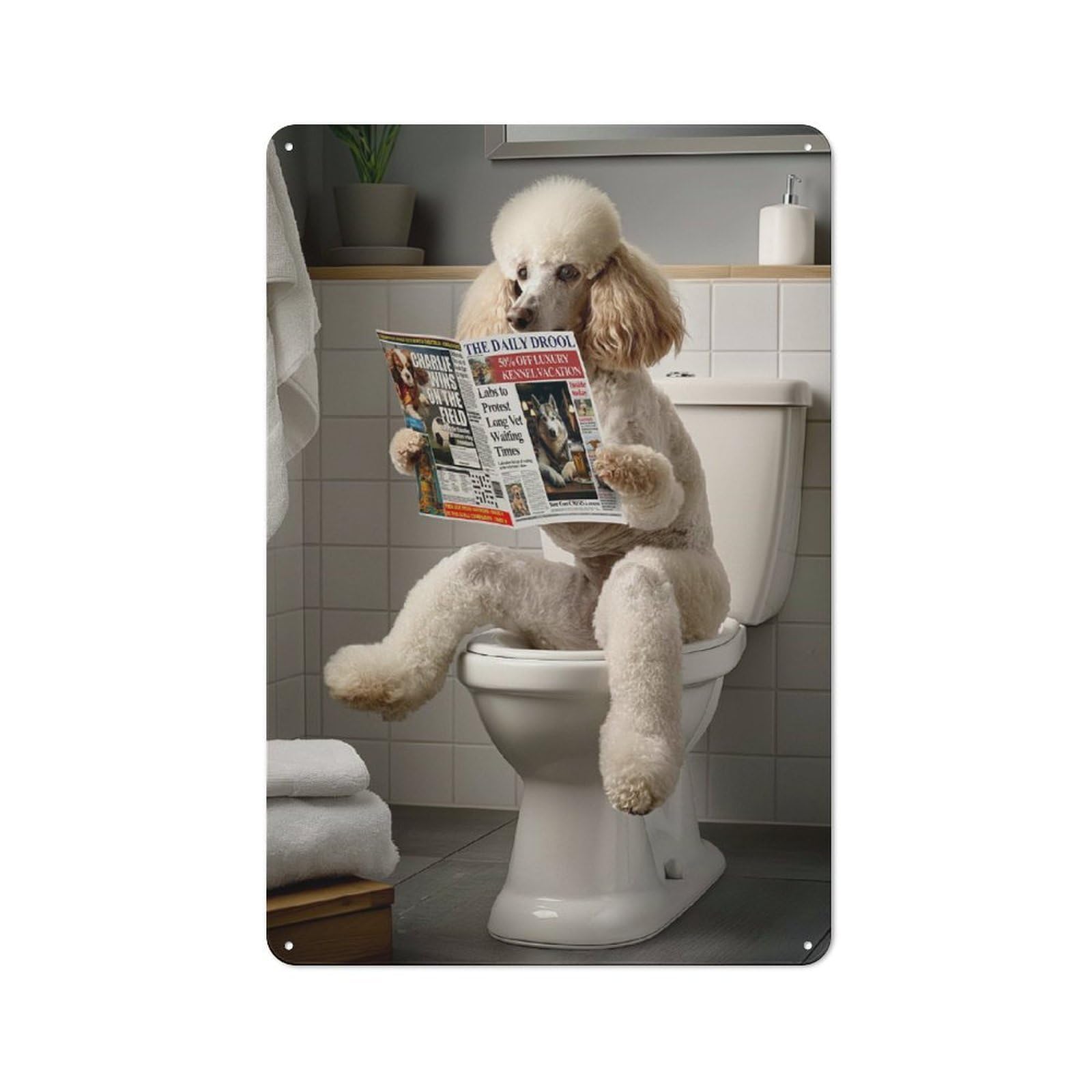 Junmoney Poodle On The Toilet Retro Metal Wall Sign 30X20cm With For Living Room Wall, Housewarming Wall Decor For People Furnishing Living Room