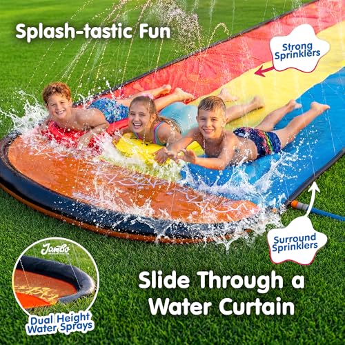 Image of JAMBO Premium Triple Water Slide with 3 Bodyboards, 20Ft Heavy Duty Slip Splash and Slides-Advanced 3-Way Sprinkler System, Splash Pad Mat Backyard Summer Outdoor Water Toys n Long Slides for Kids