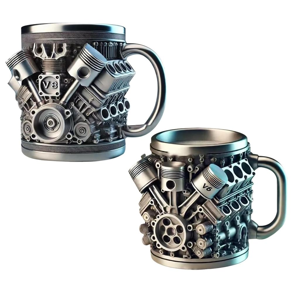 CTRLZS Set of 2 Car Engine Inspired V6 & V8 Coffee Cups with Thermal Handles, Great Gift for Vehicle Enthusiasts