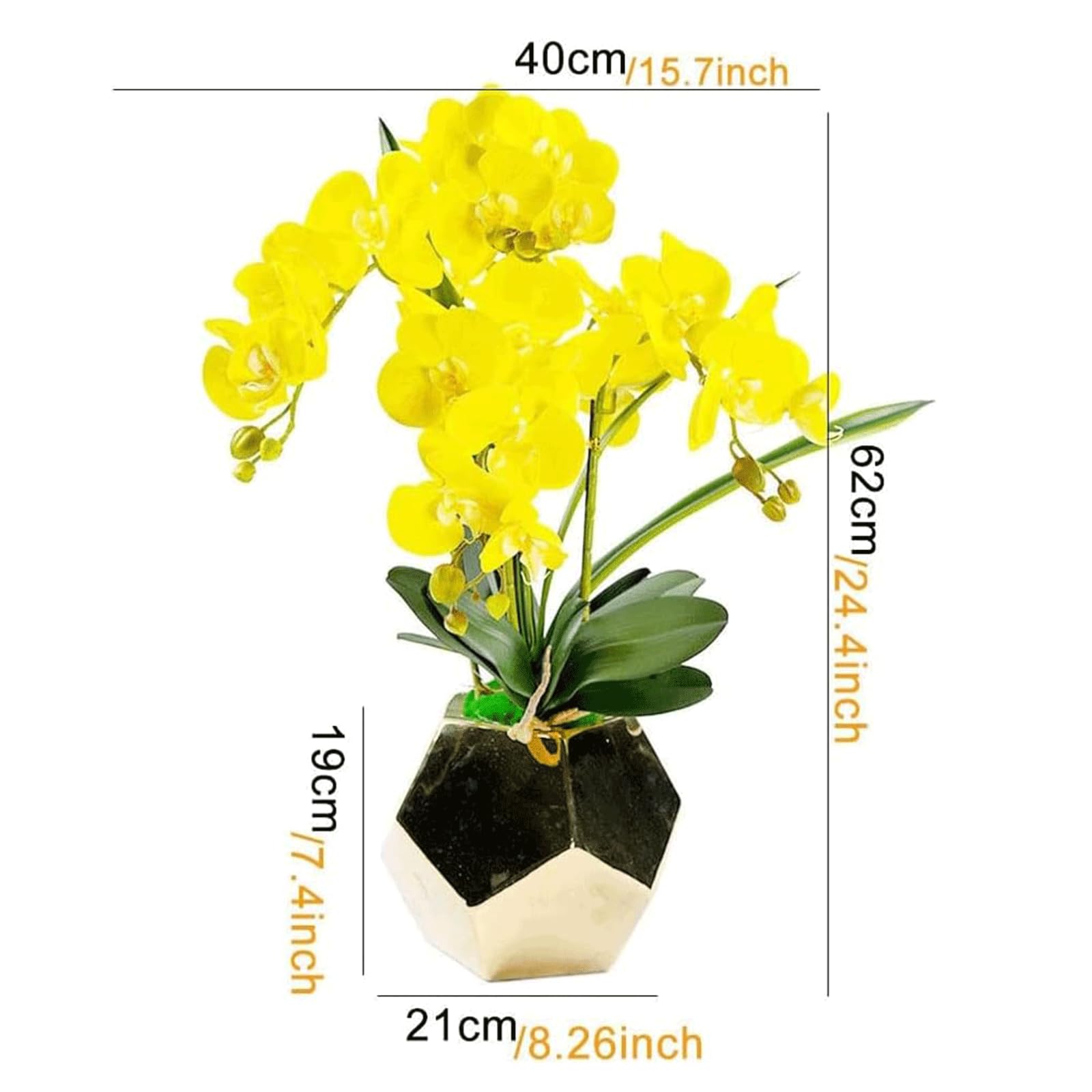 Künstliche Orchideen, gelbe künstliche Orchidee, künstliche Blumen aus Polyurethan, Keramikvase, künstliche Phalaenopsis-Blumen, gefälschte Blumen