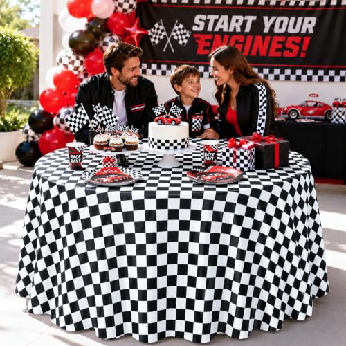 Image of 4 Pack Black and White Checkered Round Tablecloths, 84 Inch Plastic Covers
