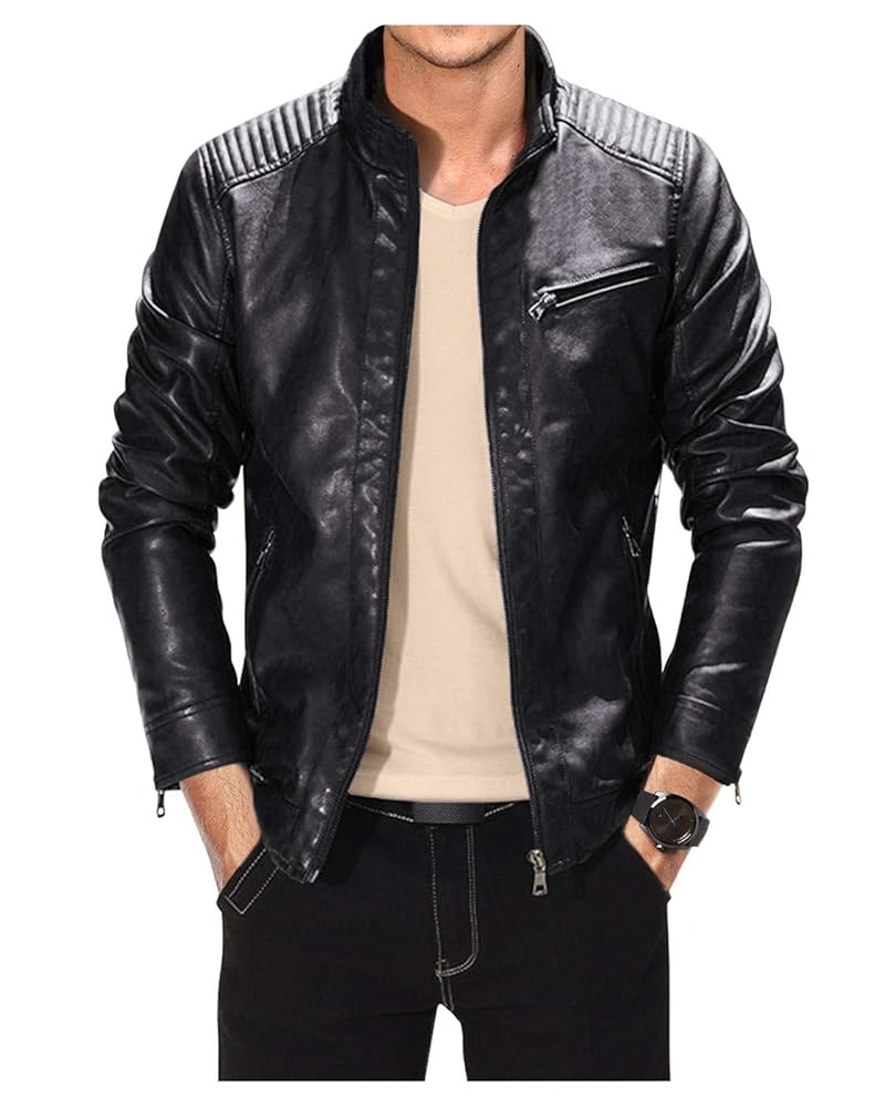 Fairylinks Leather Jacket Men Slim Fit Motorcyle Lightweight