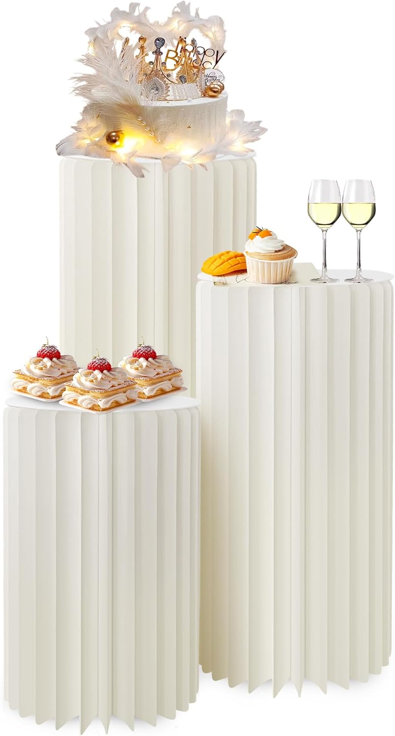 3PACK Cylinder Pedestal Stands for Party with Acrylic Disc, 31, 23", 16" Height?Foldable Cardboard Tall Cake Pedestal Stand Cake Pillar Table Stand for Parties Wedding Birthday Decor