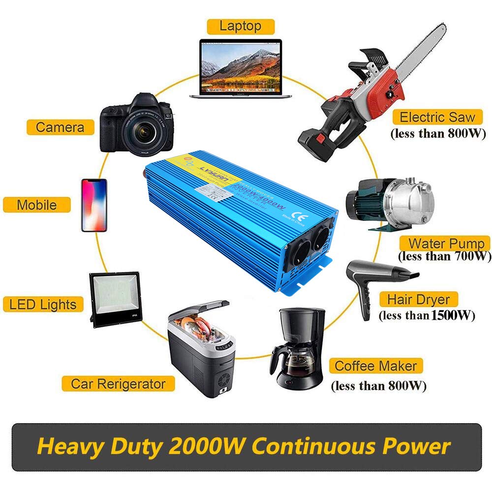 Cantonape Inverter di corrente onda sinusoidale pura 2000 w 4000 w trasformatore da 12 V a 220 V 230 V con telecomando e 2 prese e LED LCD per campeggio, tende, gite in barca