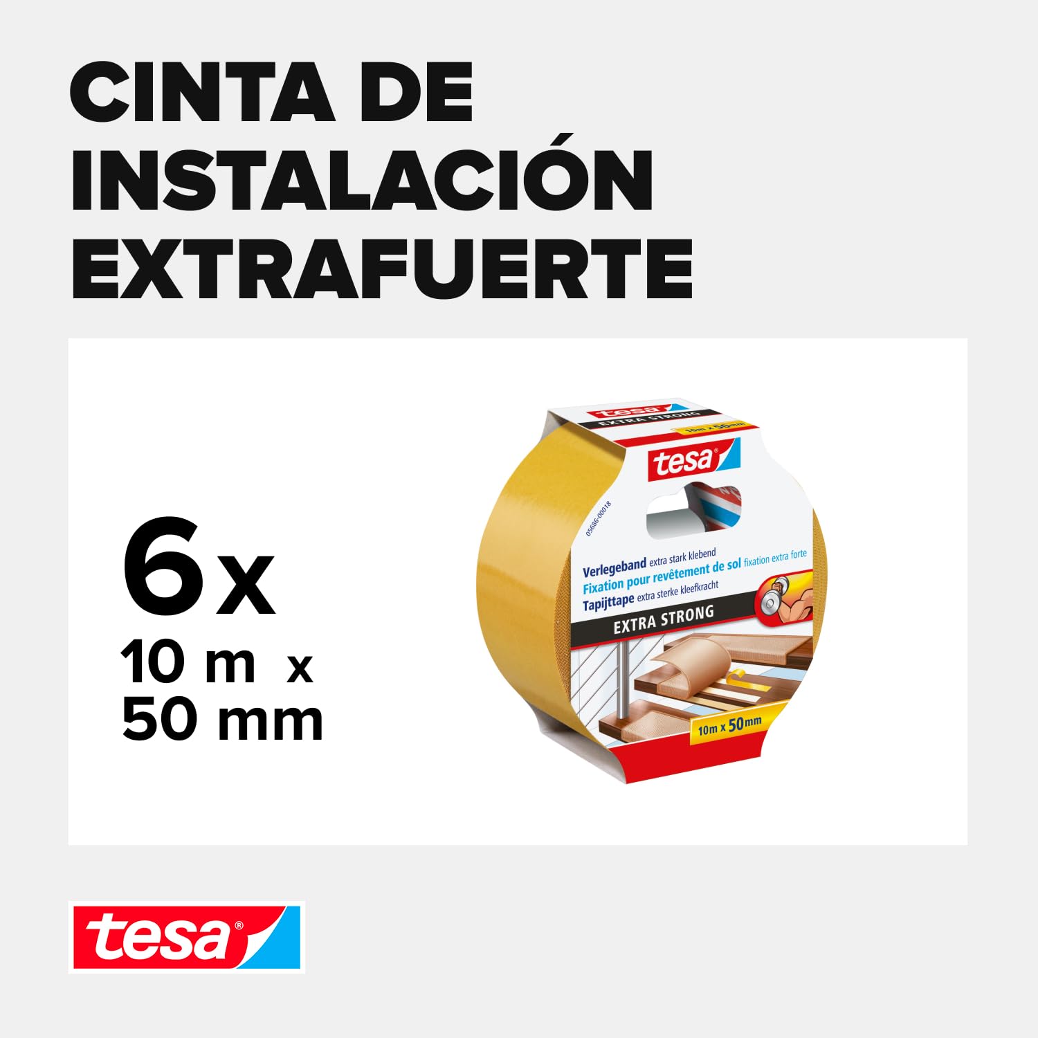 tesa Cinta adhesiva de doble cara de fijación para suelos irregulares – Rollo autoadhesivo antideslizante para moqueta y revestimientos de suelo de PVC – 10 m x 50 mm, lote de 6