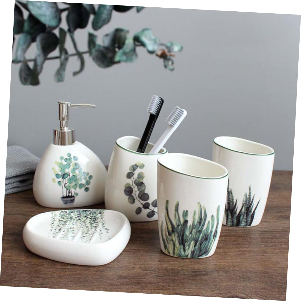 Juego de Accesorios de Baño de 5 Piezas Cerámico Jabonera Vaso para Cepillo de Dientes y Gárgaras Diseño Elegante Accesorio Compacto para Baño para Decorar y Organizar