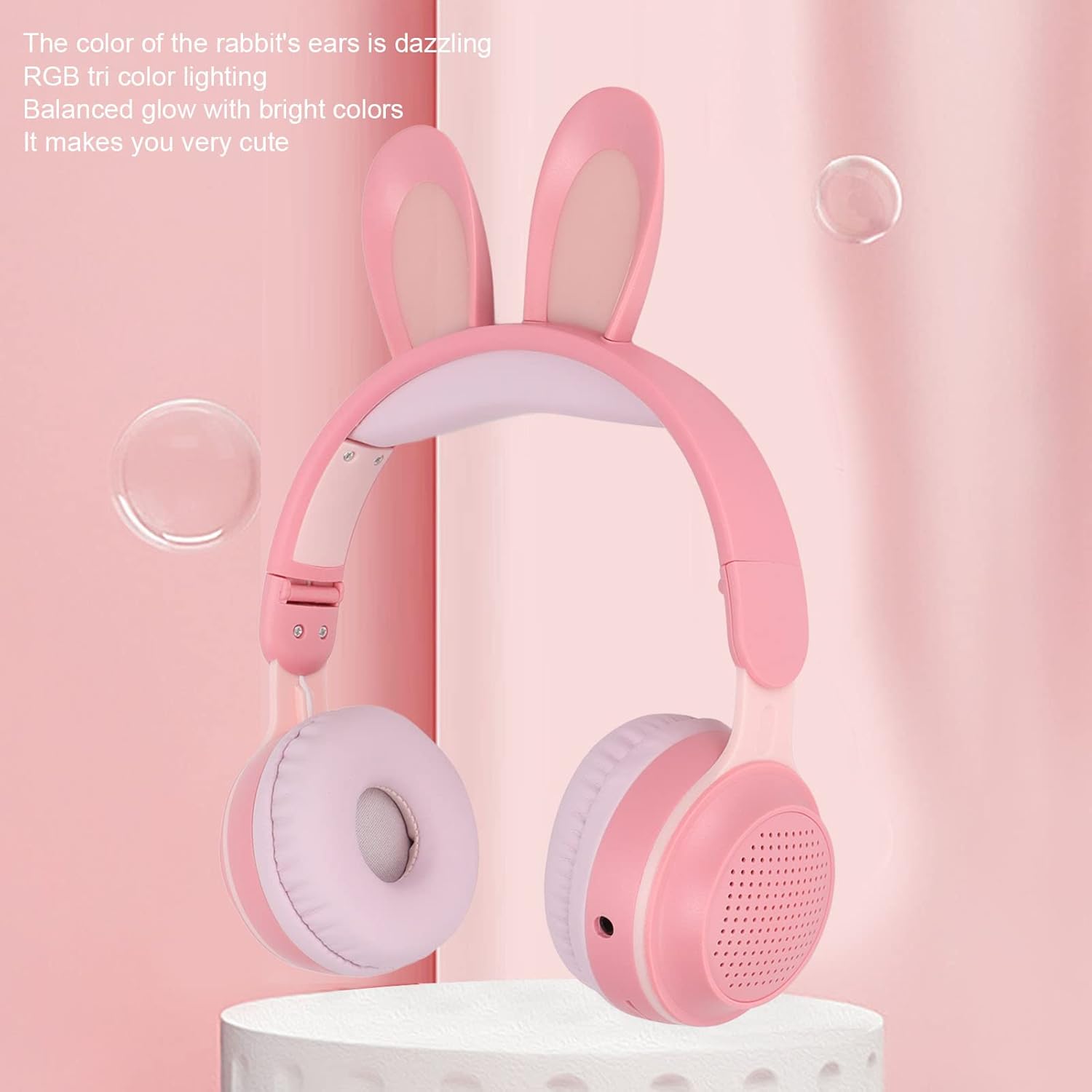 Foldable Bluetooth 5.0 Headphones with Microphone Cute Rabbit Ear Over Ear Headphones for Teens Adults, 12 Hours of Listening Time, TF/Aux, Built in 7