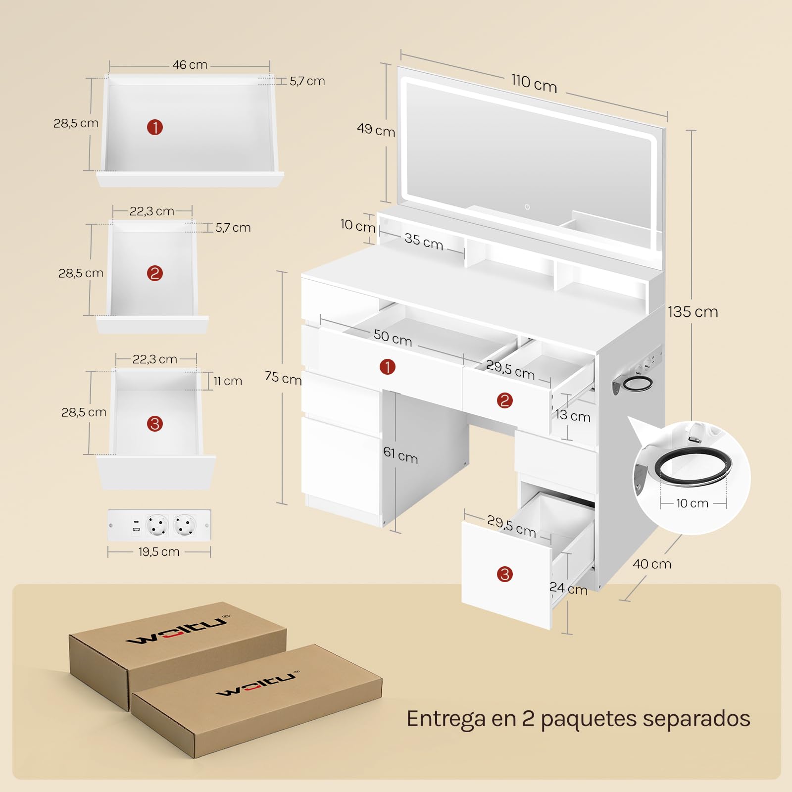 WOLTU Tocador Maquillaje con Espejo LED de Ancho 110 cm y Lupa 5X, Mesa Tocador con 9 Cajones y 3 Estantes, Estación de Carga y Soporte para Secador de Pelo, Blanco