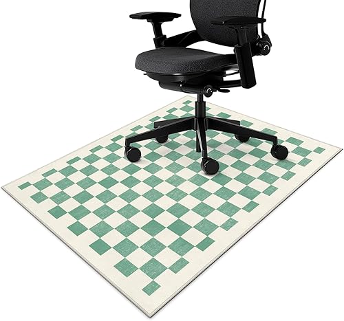Tapete para silla de oficina para suelo de madera dura y azulejos, tapete bohemio verde a cuadros de 48 x 36 pulgadas, tapete de pelo bajo para