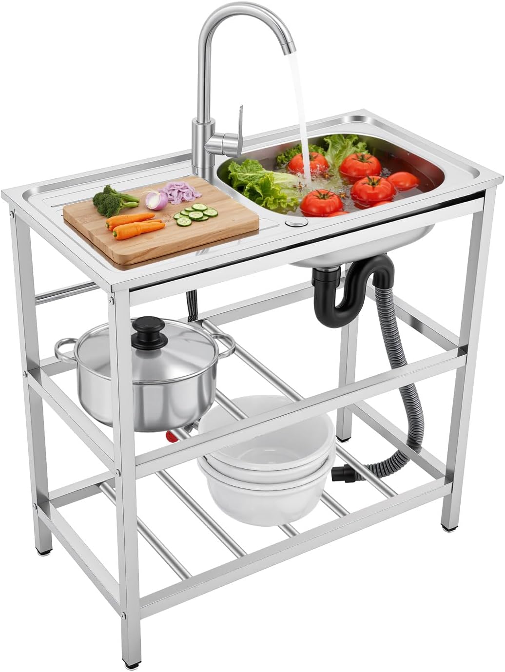 Outdoor Utility Sink Station, Outdoor Sink with Hose Hook Up, Freestanding Fish Cleaning Table with Sink, Stainless Steel Kitchen Sinks with Cleaning Table and Double Layer Storage Rack