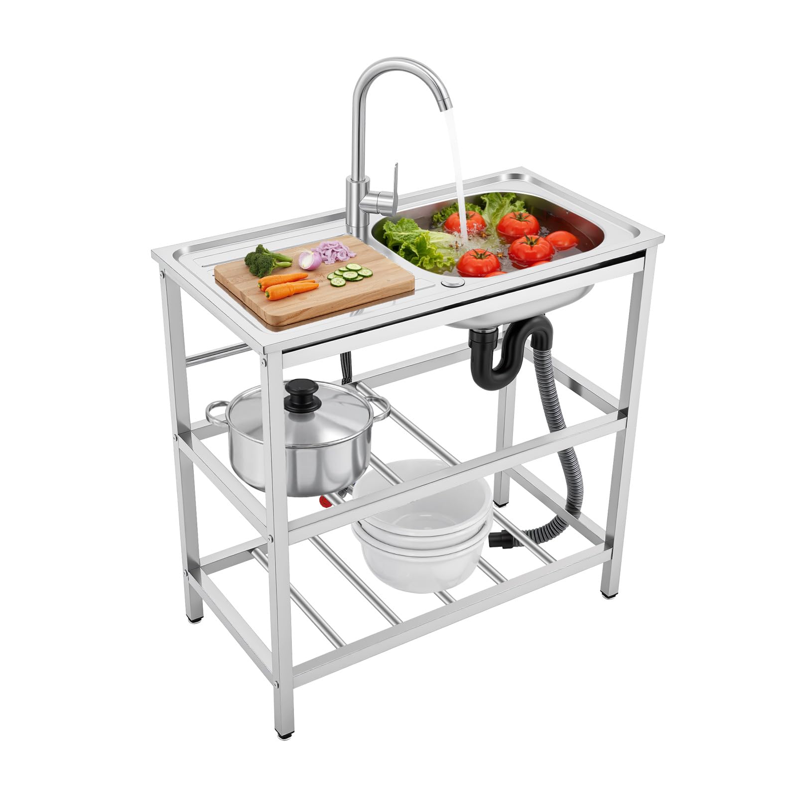 Fregadero de cocina independiente para exteriores, fregadero de acero inoxidable, grifo de lavabo, encimera multifuncional, fregadero, fregadero de agua para cocinas, cafés y bares (75 x 40 x 78 cm)