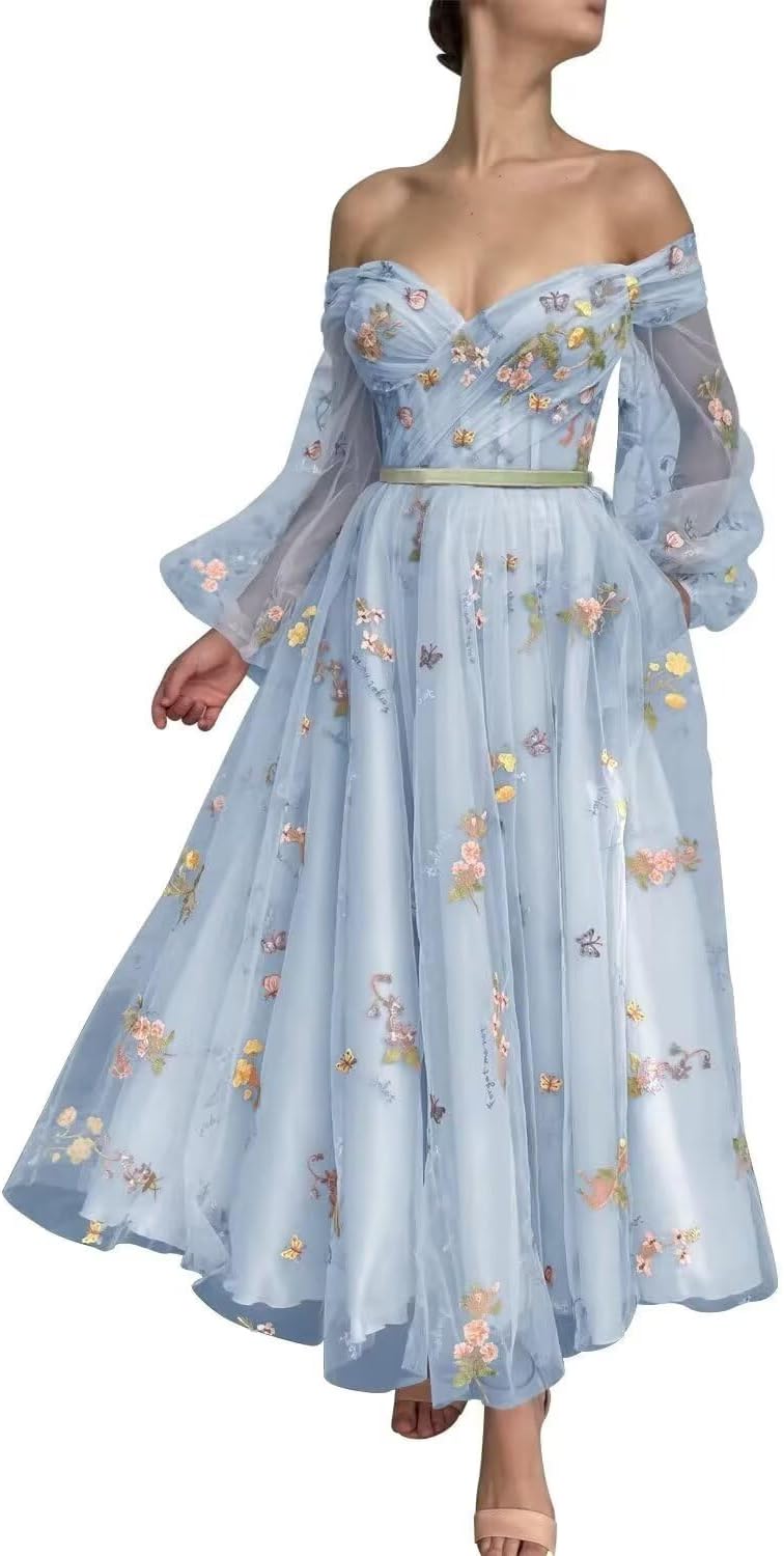 Basgute Long Sleeve Flower Embroidery Tulle Prom Dresses for Women A Line Fairy Maxi Formal Evening Party Gowns