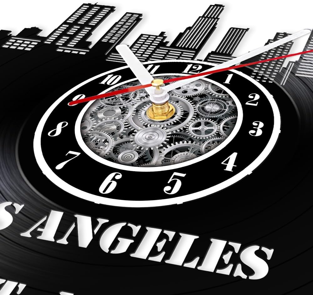 The Geeky Days Los Angeles Skyline Vinyl Record Wall Clock for Office Room US Cityscape Skyline Los Angeles Landmark Travel Home Decor Silent Timepieces Upcycled Music Album Handicrafts Wall Clock