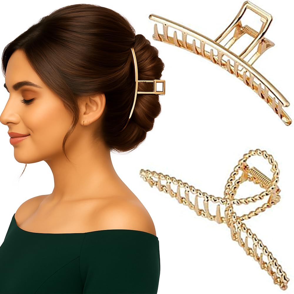 kapimo 2 Pcs Big Hair Claw Clips for Women Girls Gold Matte Metal Clutcher Hairclips Strong Grip for Thick Long Hair Secure Hold (Gold Matte)-image-36