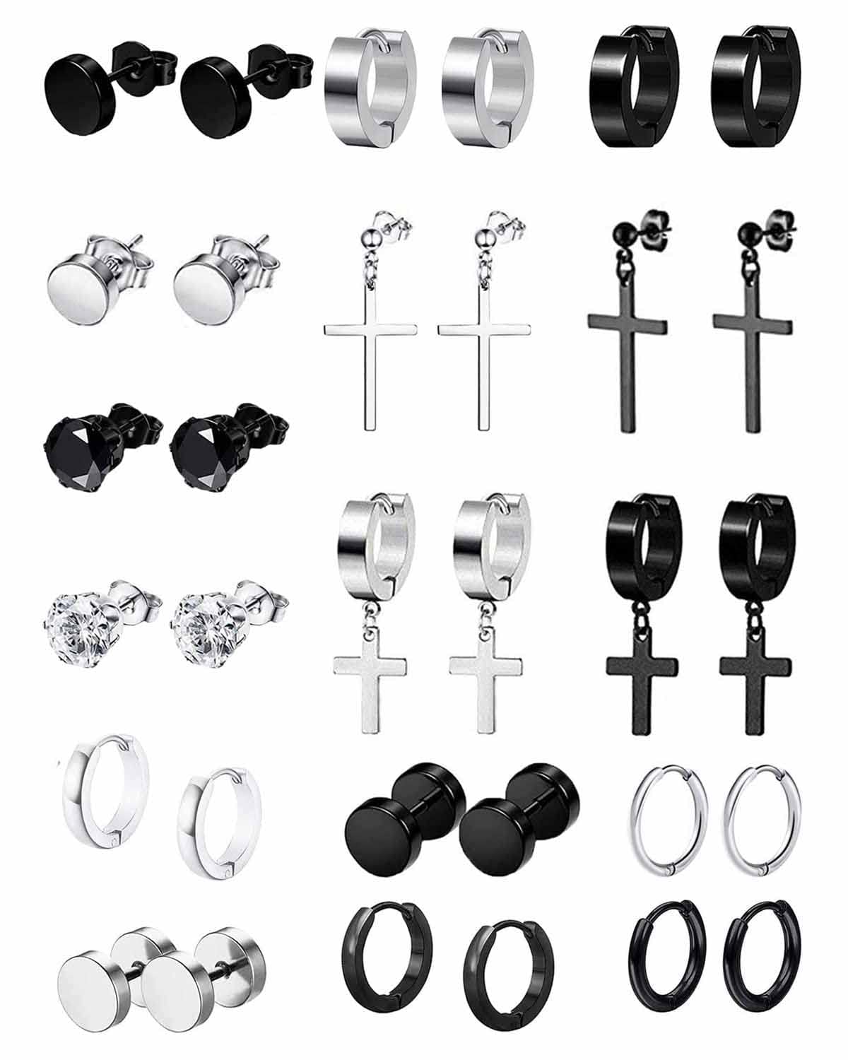 VELESAY 16Pares Aros Pendientes Hombre Acero Inoxidable Pendientes Aro Punk Colgantes Cruz Pendiente Aros Hombres Aretes Kpop Huggie Pendientes Colgantes Redondos Conjunto Pendientes para Hombres y Mujeres