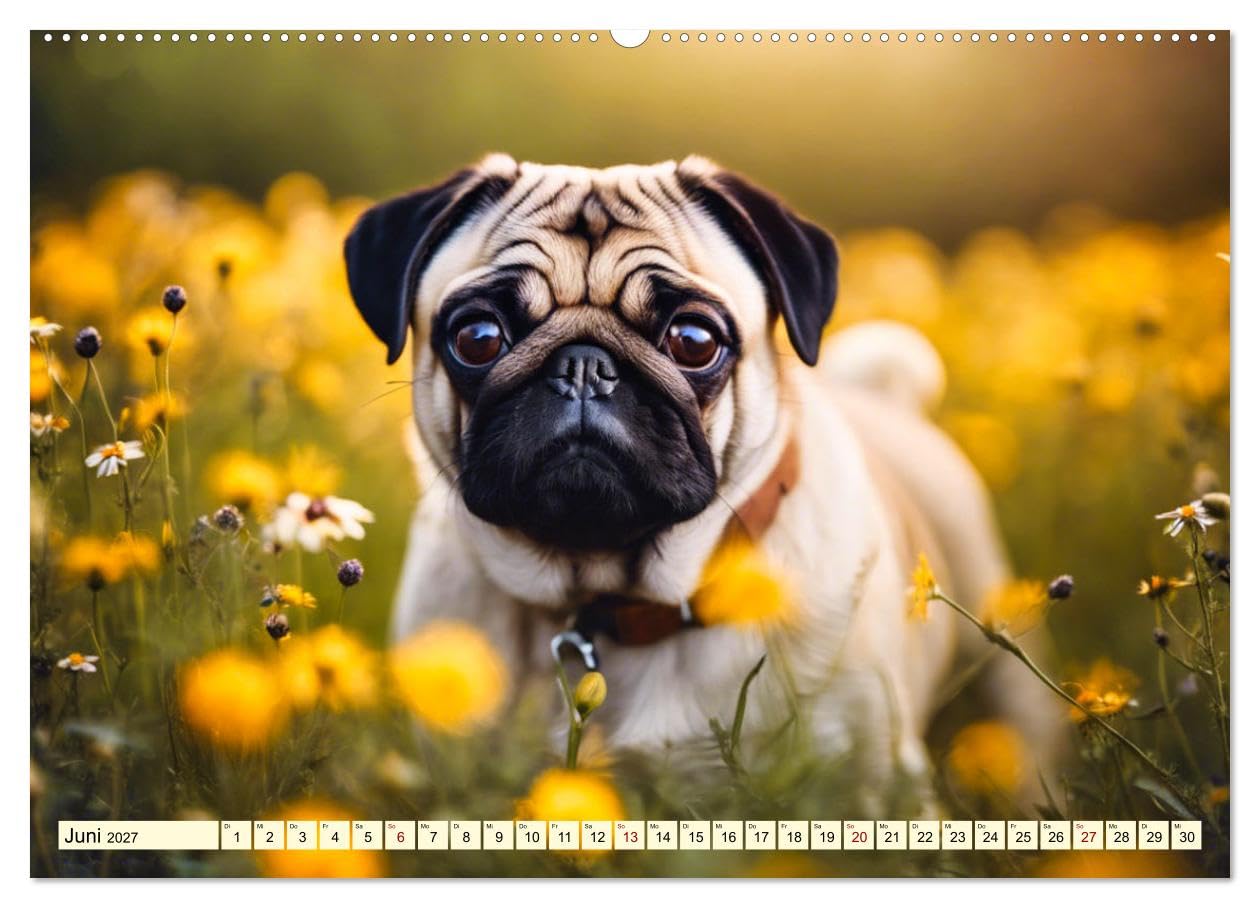 CALVENDO - Möpse - quirlige Charmebolzen (hochwertiger Premium Wandkalender 2027 DIN A2 quer), Kunstdruck in Hochglanz: Die i en Familien - und Seniorenhunde