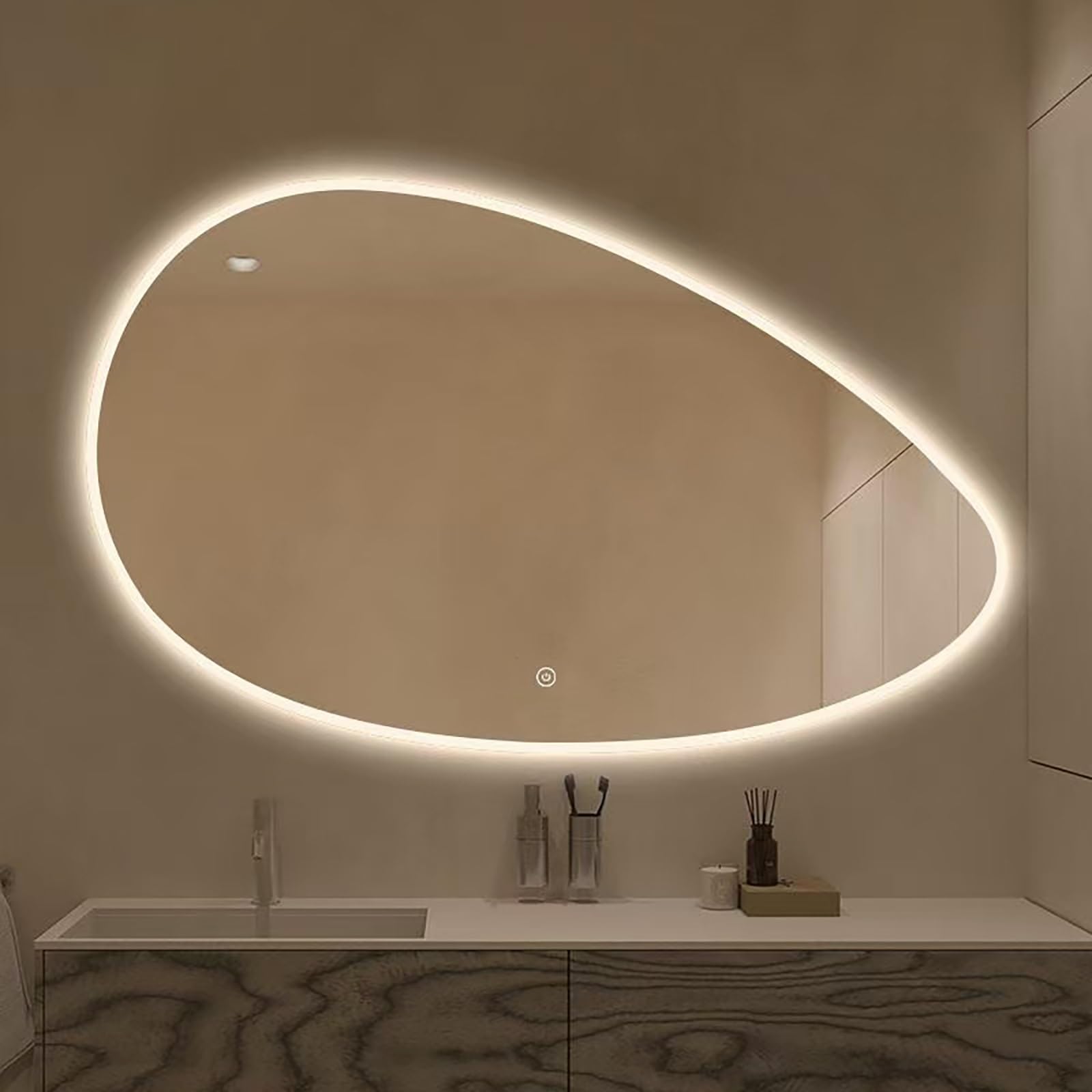 FGXHHS LED Modern Asymmetrical Irregular Oval Vanity 3 Color Dimmable Light, 60x90cm Wall-Mounted Illuminated Makeup Mirror for Bathroom, Shaving, and Decor